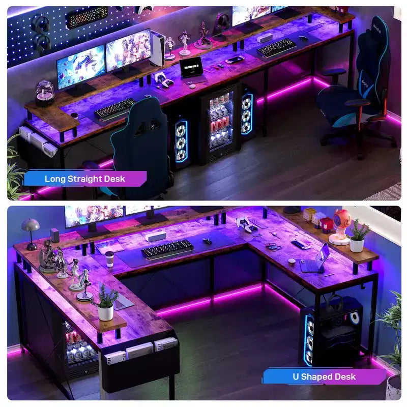 Scrivania da Gaming a L con Ciabatta e Luci a LED, Scrivania per Computer Reversibile a U con Supporto Monitor, Grande Postazione Angolare
