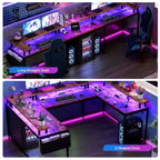 Scrivania da Gaming a L con Ciabatta e Luci a LED, Scrivania per Computer Reversibile a U con Supporto Monitor, Grande Postazione Angolare