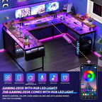 Scrivania da Gaming a L con Ciabatta e Luci a LED, Scrivania per Computer Reversibile a U con Supporto Monitor, Grande Postazione Angolare