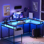Scrivania da Gaming a L con Ciabatta e Luci a LED, Scrivania per Computer Reversibile a U con Supporto Monitor, Grande Postazione Angolare