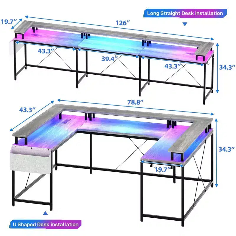 Scrivania da Gaming a L con Ciabatta e Luci a LED, Scrivania per Computer Reversibile a U con Supporto Monitor, Grande Postazione Angolare
