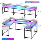 Scrivania da Gaming a L con Ciabatta e Luci a LED, Scrivania per Computer Reversibile a U con Supporto Monitor, Grande Postazione Angolare