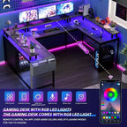 Scrivania da Gaming a L con Ciabatta e Luci a LED, Scrivania per Computer Reversibile a U con Supporto Monitor, Grande Postazione Angolare
