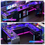 Scrivania da Gaming a L con Ciabatta e Luci a LED, Scrivania per Computer Reversibile a U con Supporto Monitor, Grande Postazione Angolare