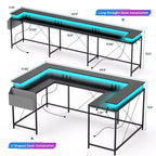 Scrivania da Gaming a L con Ciabatta e Luci a LED, Scrivania per Computer Reversibile a U con Supporto Monitor, Grande Postazione Angolare