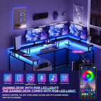Scrivania da Gaming a L con Ciabatta e Luci a LED, Scrivania per Computer Reversibile a U con Supporto Monitor, Grande Postazione Angolare