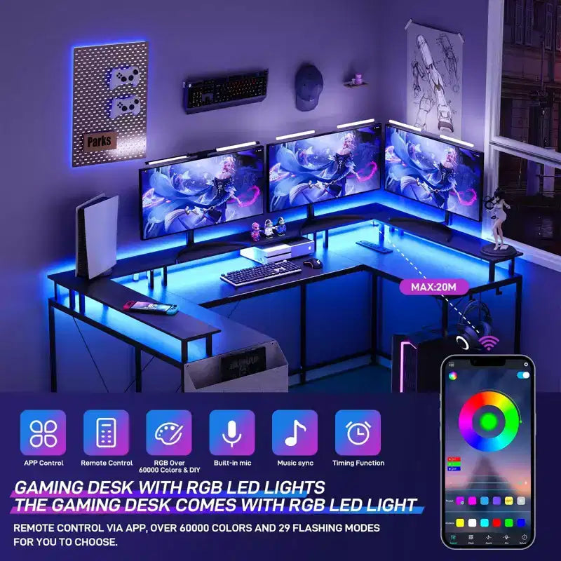 Scrivania da Gaming a L con Ciabatta e Luci a LED, Scrivania per Computer Reversibile a U con Supporto Monitor, Grande Postazione Angolare