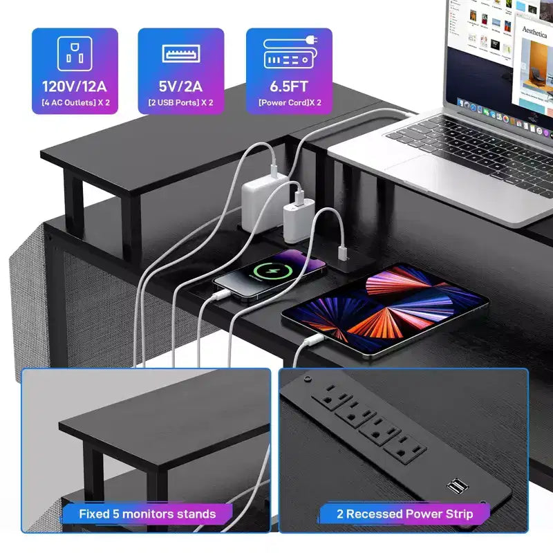 Scrivania da Gaming a L con Ciabatta e Luci a LED, Scrivania per Computer Reversibile a U con Supporto Monitor, Grande Postazione Angolare
