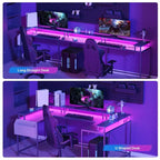 Scrivania da Gaming a L con Ciabatta e Luci a LED, Scrivania per Computer Reversibile a U con Supporto Monitor, Grande Postazione Angolare