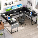 Scrivania da Gaming a L con Ciabatta e Luci a LED, Scrivania per Computer Reversibile a U con Supporto Monitor, Grande Postazione Angolare