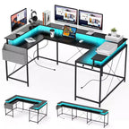 L Shaped Gaming Desk with Power Strip & LED Lights, Reversible U Shape Computer Desk with Monitor Stand, Large Corner Workstation