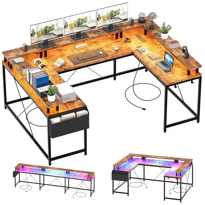Scrivania da Gaming a L con Ciabatta e Luci a LED, Scrivania per Computer Reversibile a U con Supporto Monitor, Grande Postazione Angolare