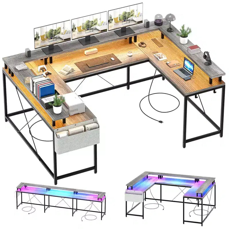 Scrivania da Gaming a L con Ciabatta e Luci a LED, Scrivania per Computer Reversibile a U con Supporto Monitor, Grande Postazione Angolare