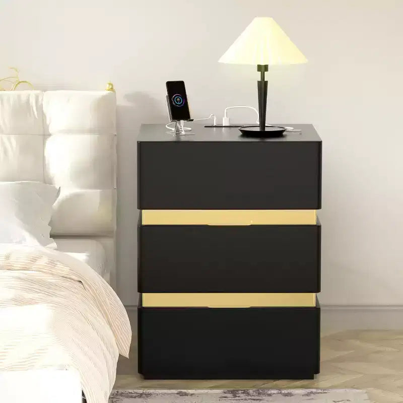 VINGLI LED Nightstand with Charging Station, 3 Drawer Nightstand Black