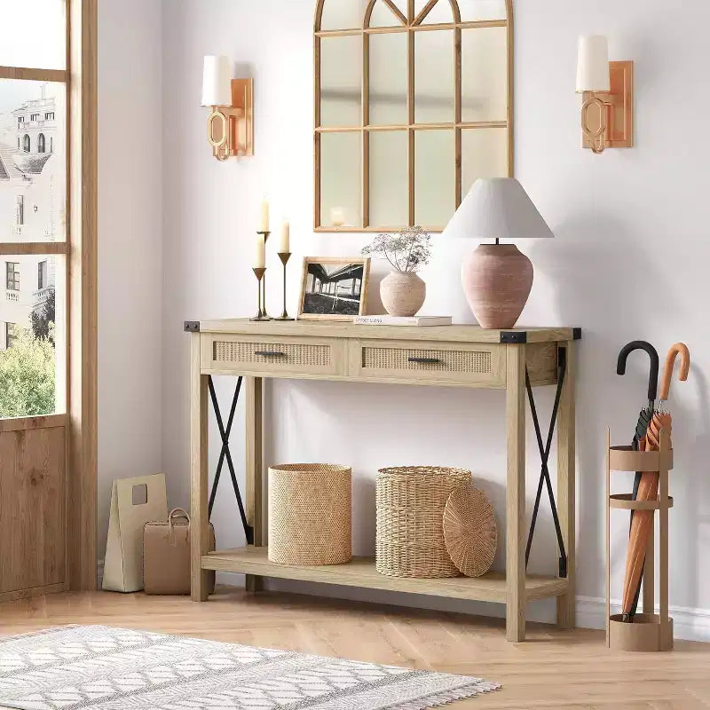 Consolle in Rattan da 43'' con 2 Cassetti, Grigio/Legno, 1 Posto