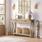 Consolle in Rattan da 43'' con 2 Cassetti, Grigio/Legno, 1 Posto