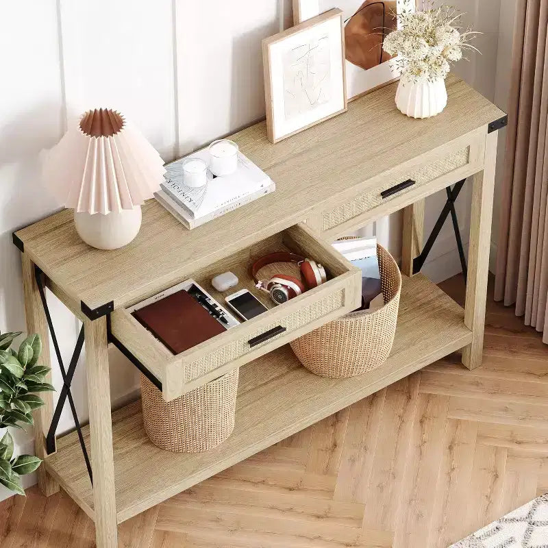 Consolle in Rattan da 43'' con 2 Cassetti, Grigio/Legno, 1 Posto