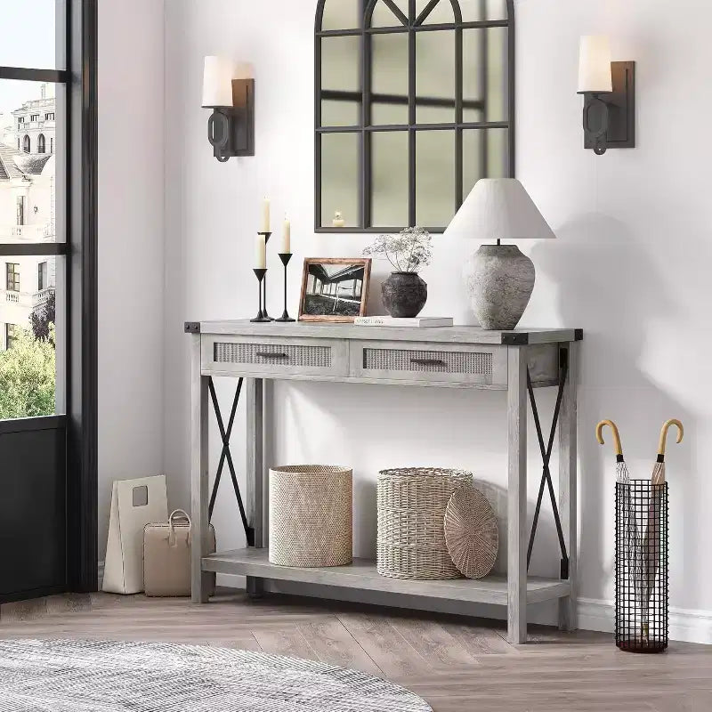 Consolle in Rattan da 43'' con 2 Cassetti, Grigio/Legno, 1 Posto