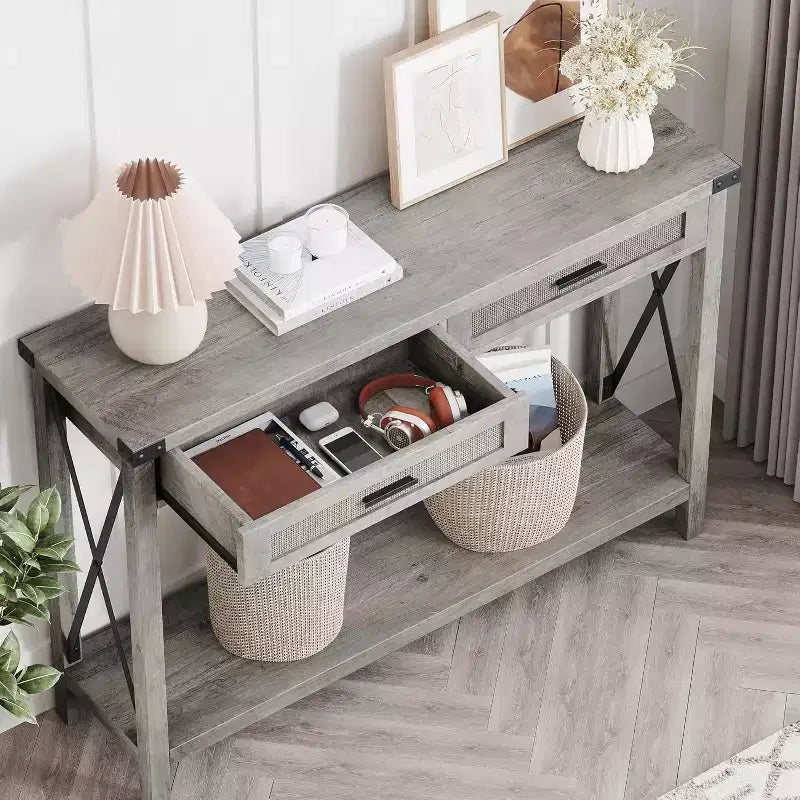 Consolle in Rattan da 43'' con 2 Cassetti, Grigio/Legno, 1 Posto