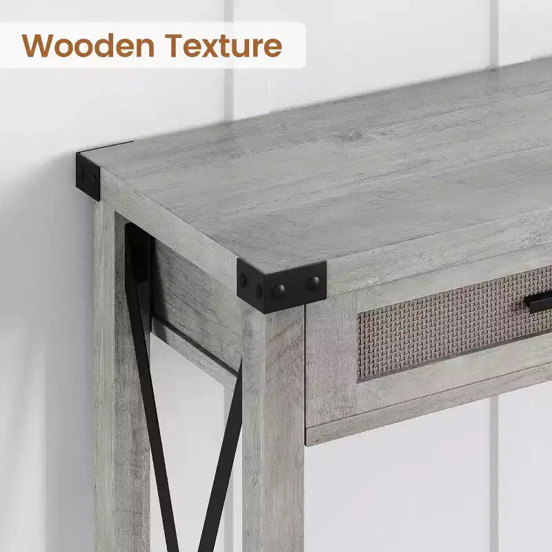 Consolle in Rattan da 43'' con 2 Cassetti, Grigio/Legno, 1 Posto