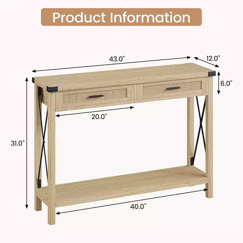 Consolle in Rattan da 43'' con 2 Cassetti, Grigio/Legno, 1 Posto