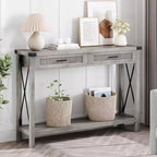 43'' Rattan Console Table, Entryway Table with 2 Storage Drawers and Sliding Door, Hallway Table, Console Sofa Table for Living Room