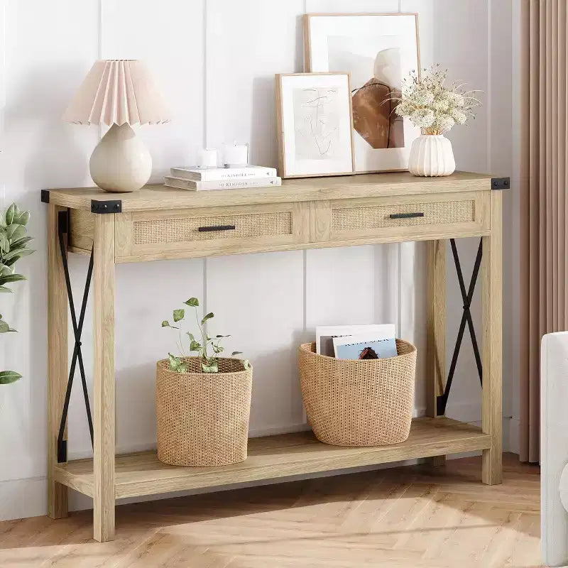Consolle in Rattan da 43'' con 2 Cassetti, Grigio/Legno, 1 Posto