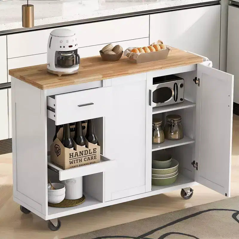 Isola Cucina con Piano d'Appoggio Pieghevole, Ruote, Portasciugamani e Cassetto – Blu/Grigio e Bianco, Utente Singolo