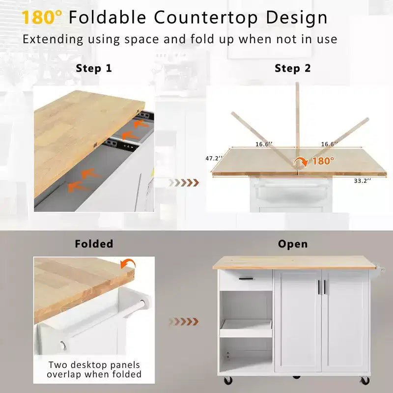Isola Cucina con Piano d'Appoggio Pieghevole, Ruote, Portasciugamani e Cassetto – Blu/Grigio e Bianco, Utente Singolo