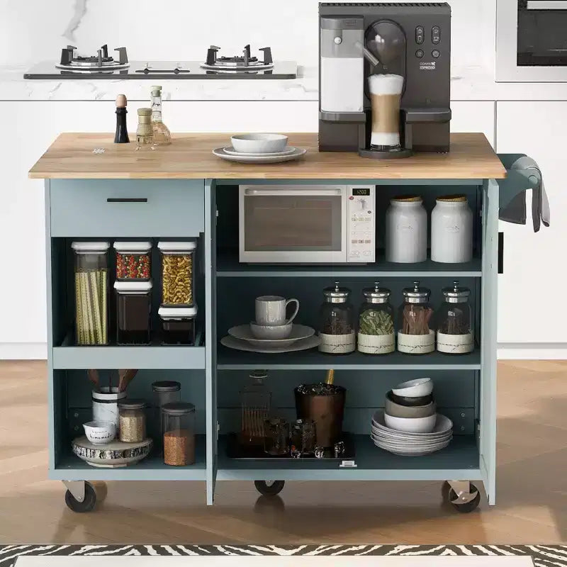 Isola Cucina con Piano d'Appoggio Pieghevole, Ruote, Portasciugamani e Cassetto – Blu/Grigio e Bianco, Utente Singolo