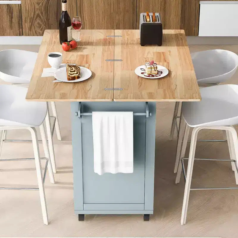 Isola Cucina con Piano d'Appoggio Pieghevole, Ruote, Portasciugamani e Cassetto – Blu/Grigio e Bianco, Utente Singolo