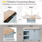 Isola Cucina con Piano d'Appoggio Pieghevole, Ruote, Portasciugamani e Cassetto – Blu/Grigio e Bianco, Utente Singolo