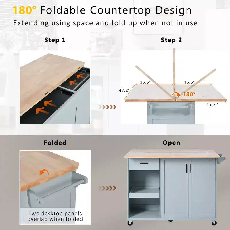 Isola Cucina con Piano d'Appoggio Pieghevole, Ruote, Portasciugamani e Cassetto – Blu/Grigio e Bianco, Utente Singolo