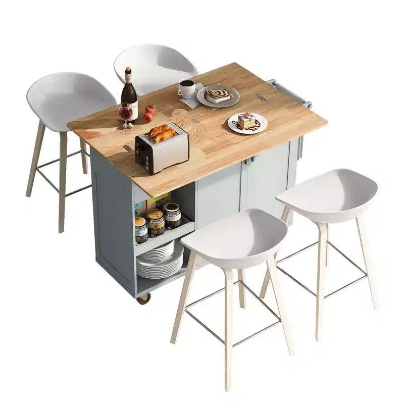 Isola Cucina con Piano d'Appoggio Pieghevole, Ruote, Portasciugamani e Cassetto – Blu/Grigio e Bianco, Utente Singolo