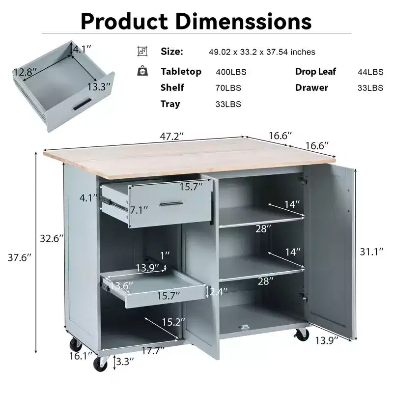 Isola Cucina con Piano d'Appoggio Pieghevole, Ruote, Portasciugamani e Cassetto – Blu/Grigio e Bianco, Utente Singolo