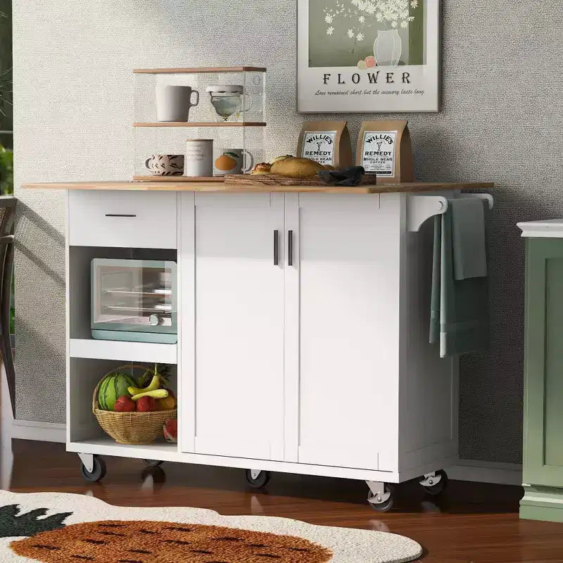 Isola Cucina con Piano d'Appoggio Pieghevole, Ruote, Portasciugamani e Cassetto – Blu/Grigio e Bianco, Utente Singolo