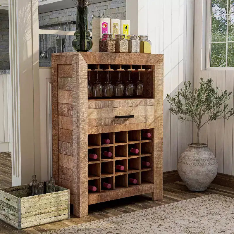 Mobile Bar in Legno Naturale con Portabicchieri e Cassetto, Contiene 20 Bottiglie