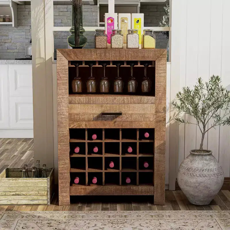 Mobile Bar in Legno Naturale con Portabicchieri e Cassetto, Contiene 20 Bottiglie
