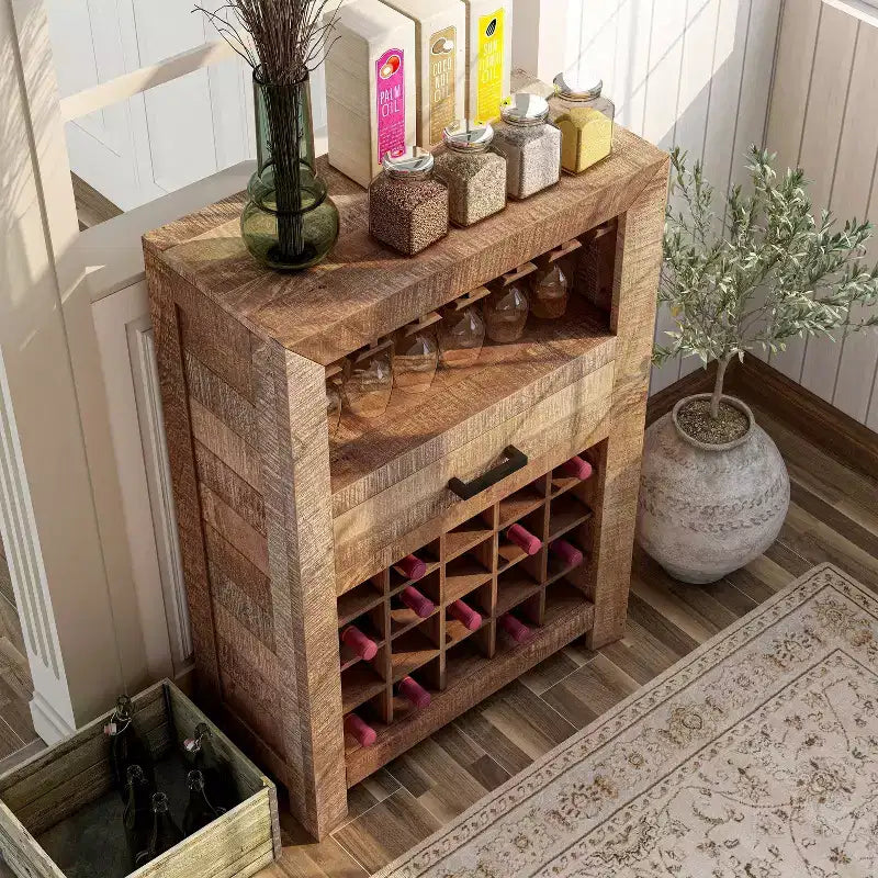 Mobile Bar in Legno Naturale con Portabicchieri e Cassetto, Contiene 20 Bottiglie