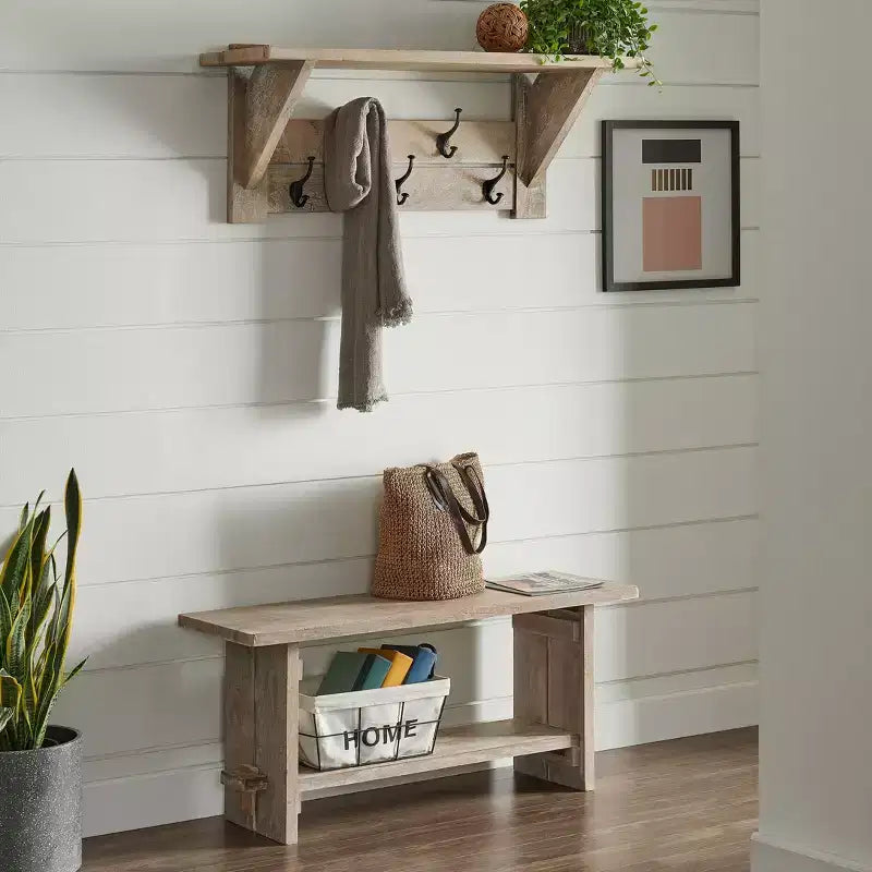 Set panca e attaccapanni con mensola in legno di mango Driftwood da 100 cm (2 pezzi)