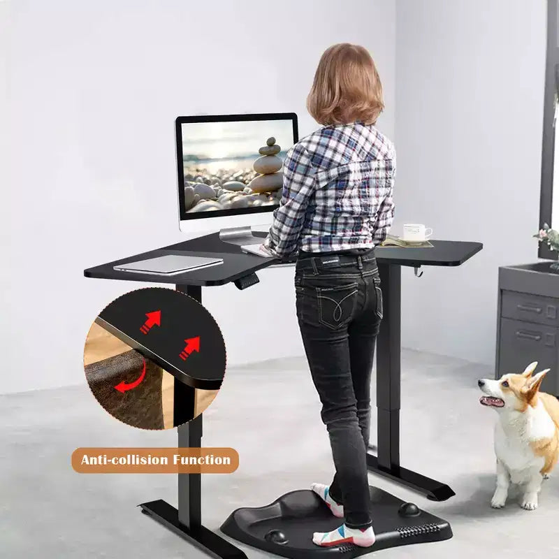 Scrivania angolare elettrica regolabile in altezza con controller e 2 ganci, nero/rustico, 1 persona