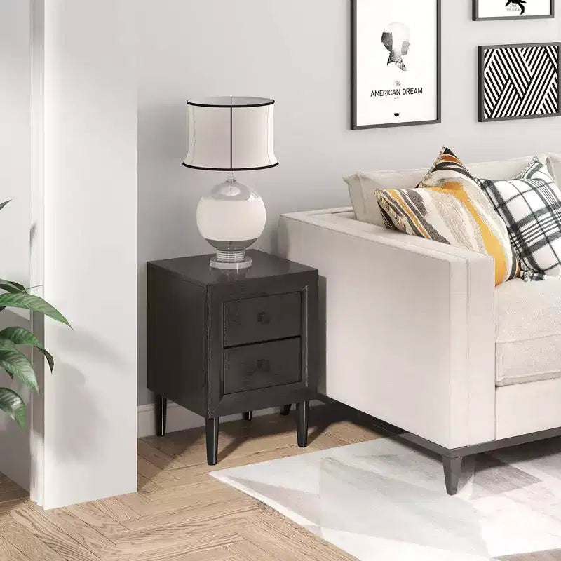 Comodino a 2 cassetti nero/grigio con gambe in legno – Per 1 persona
