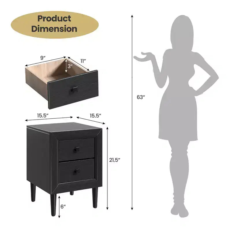 Comodino a 2 cassetti nero/grigio con gambe in legno – Per 1 persona