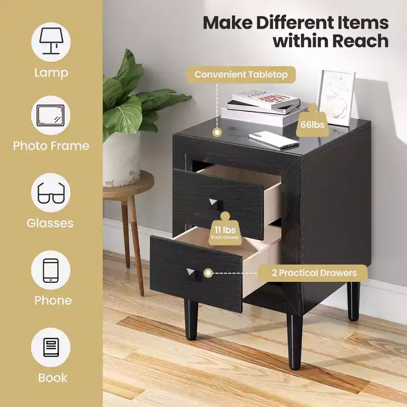 Comodino a 2 cassetti nero/grigio con gambe in legno – Per 1 persona