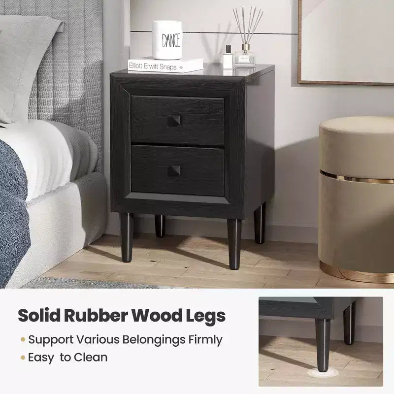 Comodino a 2 cassetti nero/grigio con gambe in legno – Per 1 persona