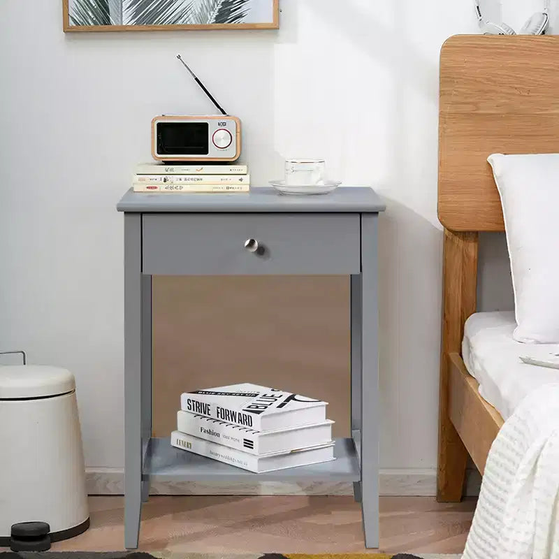 Comodino con cassetto e ripiano, marrone/grigio/bianco, per 1 persona
