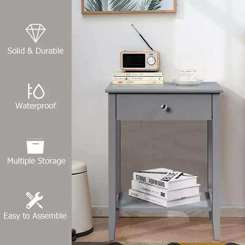 Comodino con cassetto e ripiano, marrone/grigio/bianco, per 1 persona