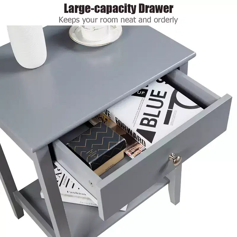 Comodino con cassetto e ripiano, marrone/grigio/bianco, per 1 persona