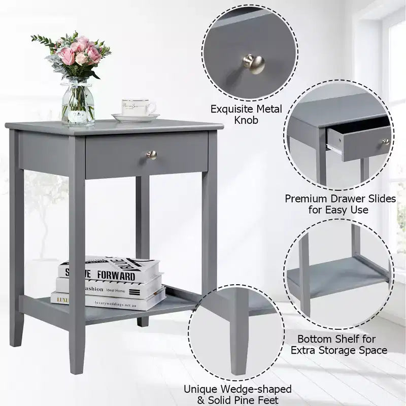 Comodino con cassetto e ripiano, marrone/grigio/bianco, per 1 persona