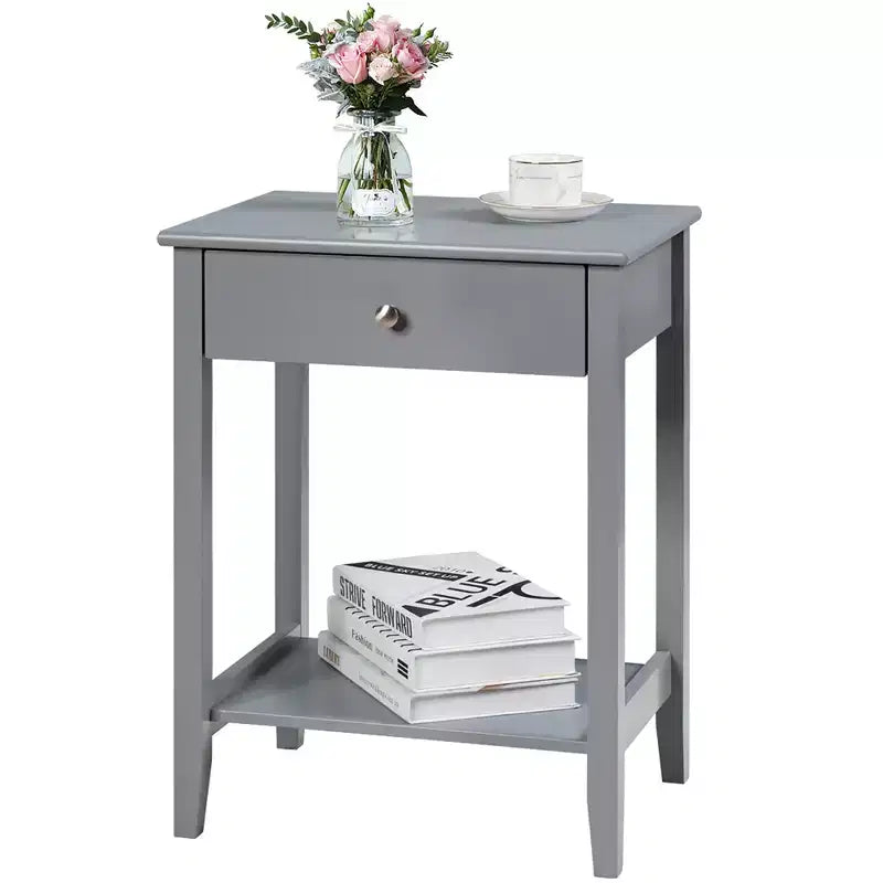 Comodino con cassetto e ripiano, marrone/grigio/bianco, per 1 persona